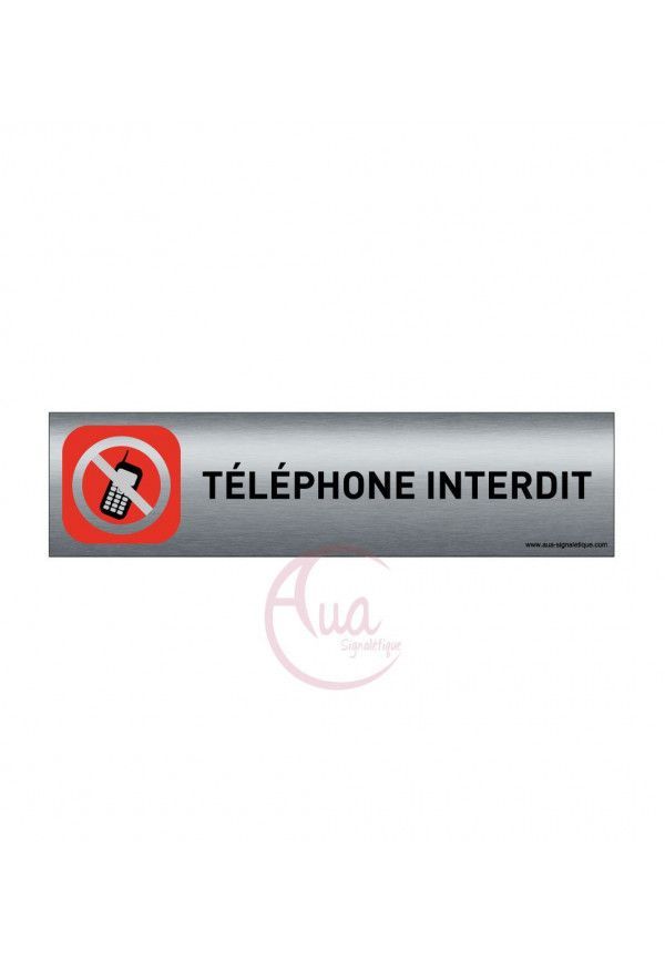 Plaque de porte Aluminium brossé imprimé AluSign - 200x50 mm - Téléphone interdit - Double Face adhésif au dos