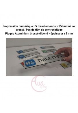 Plaque de porte Aluminium brossé imprimé AluSign - 200x50 mm - Sortie interdite - Double Face adhésif au dos