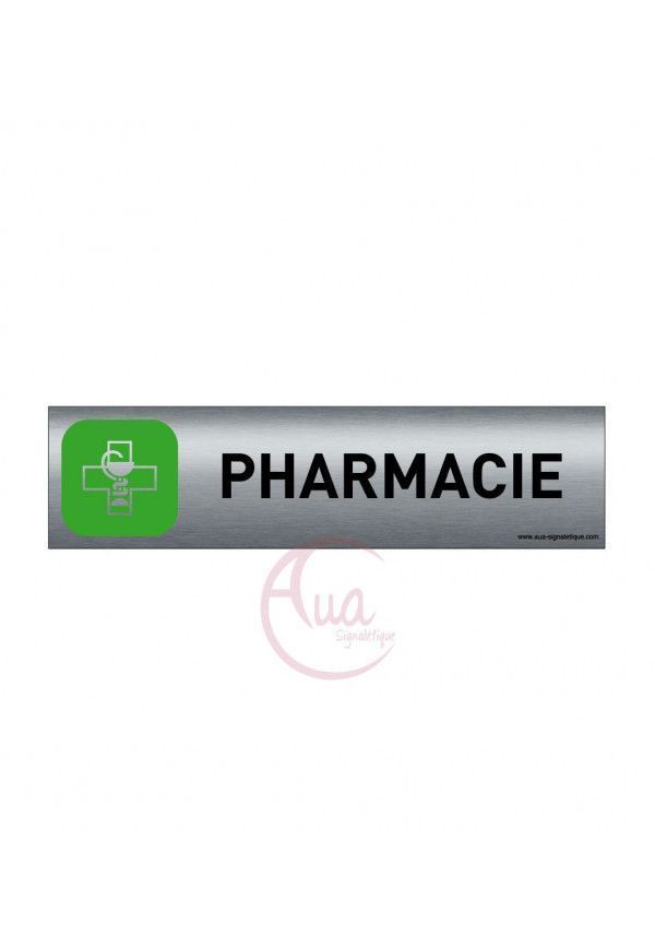 Plaque de porte Aluminium brossé imprimé AluSign - 200x50 mm - Pharmacie - Double Face adhésif au dos