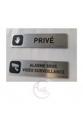 Plaque de porte Aluminium brossé imprimé AluSign DARK - 200x50 mm - Alarme sous vidéo surveillance - Double Face adhésif au dos