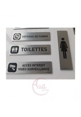 Plaque de porte Aluminium brossé imprimé AluSign DARK - 200x50 mm - Toilettes Mixtes - Double Face adhésif au dos