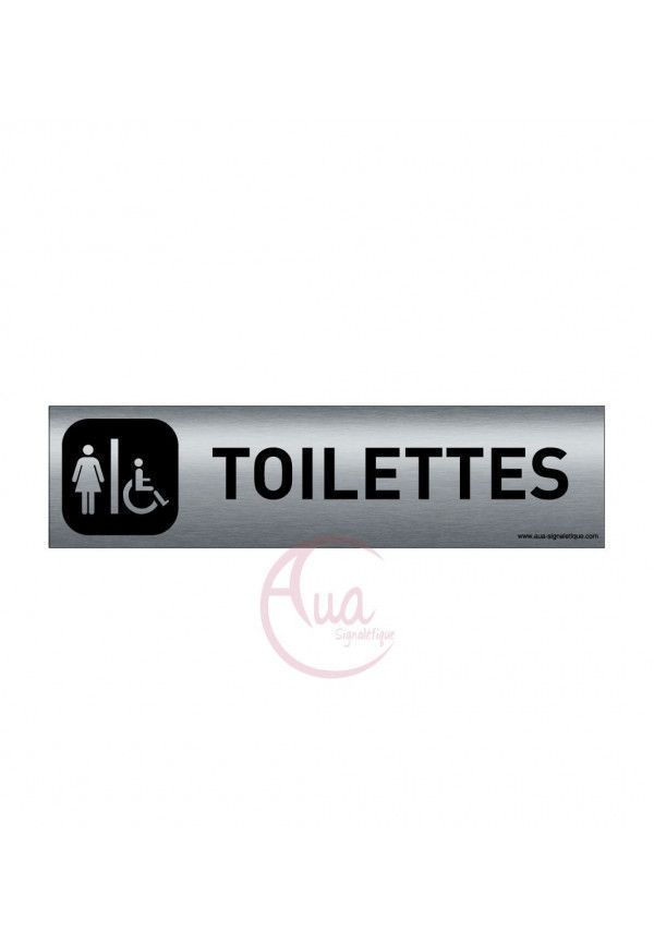 Plaque de porte Aluminium brossé imprimé AluSign DARK - 200x50 mm - Toilettes Femmes handicapées - Double Face adhésif au dos