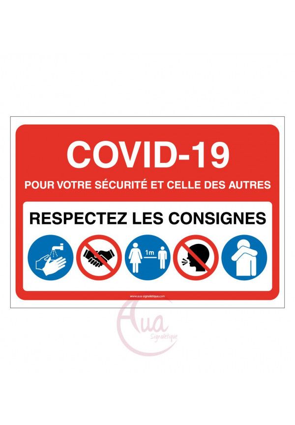 Signalisation Coronavirus respectez consignes COVID-19 - Modèle avec 5 pictogrammes -ROUGE