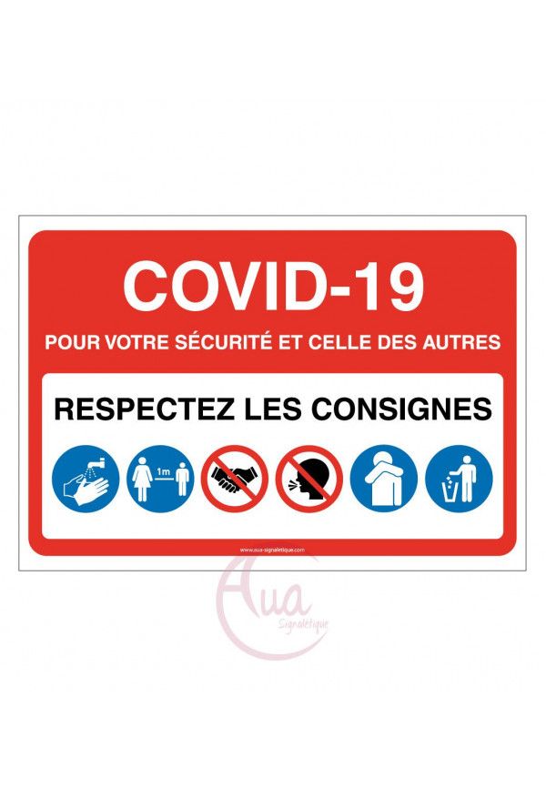 Signalisation Coronavirus respectez consignes COVID-19 - Modèle avec 6 pictogrammes -ROUGE
