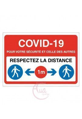 Panneau de Signalisation COVID-19 respectez la distance 1 m avec pictogramme ISO 7010 - ROUGE