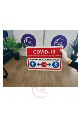 Panneau de Signalisation COVID-19 respectez la distance 1 m avec pictogramme ISO 7010 - ROUGE