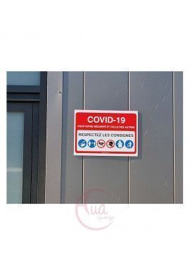 Panneau de signalisation consignes de lutte contre Coronavirus Covid-19 avec 4 pictogrammes
