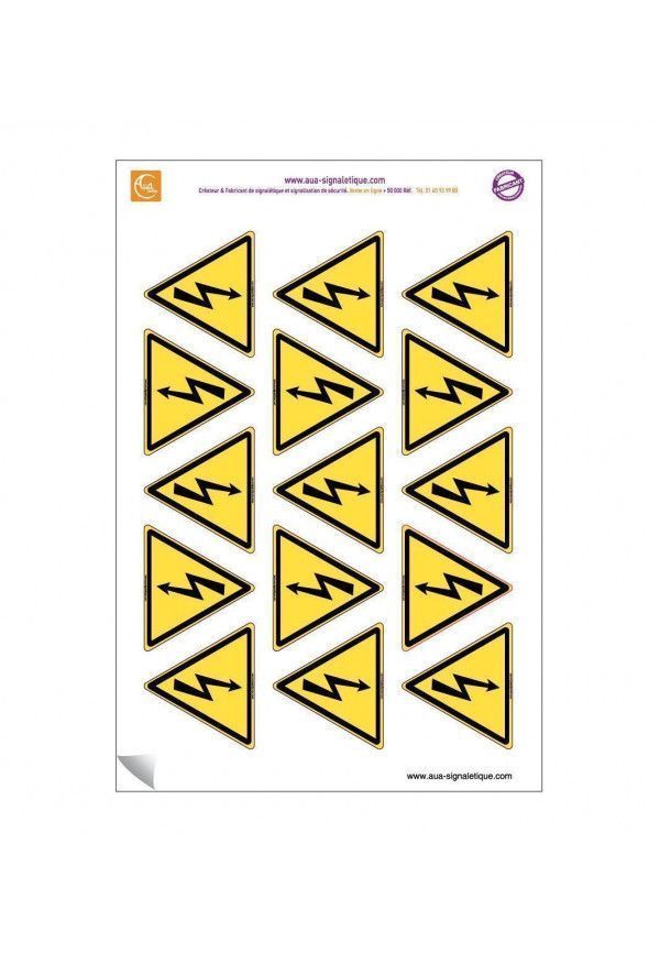 Planche de 15 autocollants - pictogramme Danger électricité - ISO 7010 W012 - Triangle base 60 mm hauteur 50 mm - sticker