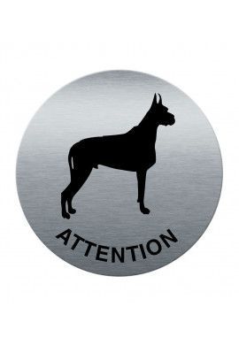 Plaque de porte Aluminium brossé imprimé AluSign Ø 85 mm - épaisseur. 3 mm - Attention au chien - Double Face adhésif au dos