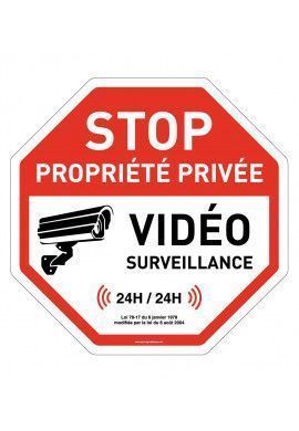 Panneau Octogonal Stop Propriété Privée Vidéo Surveillance 24h/24h