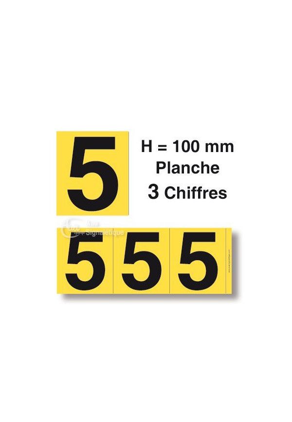 Planche 3 Chiffres prédécoupés Fond Jaune -Hauteur 100mm