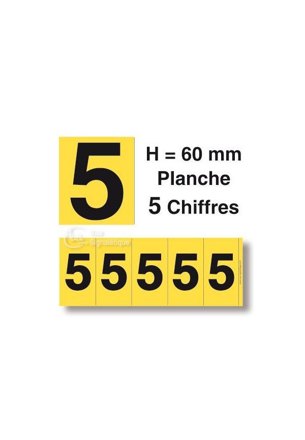 Planche 5 Chiffres prédécoupés Fond Jaune -Hauteur 60mm