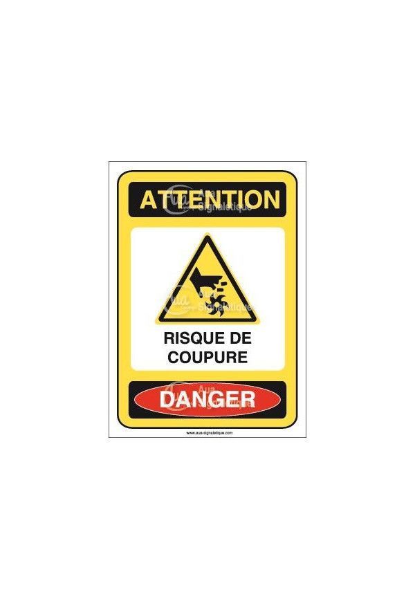 Panneau attention risque de coupure danger Vinyl adhésif 75x105 mm